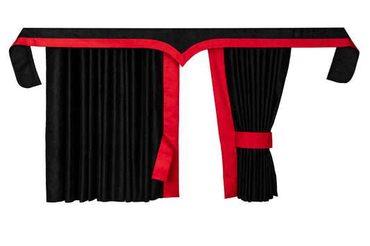 LKW-Vorhänge passend für Scania R Highline / Topline – 5-tlg. Komplettset Schwarz-Rot mit Borde & Haken