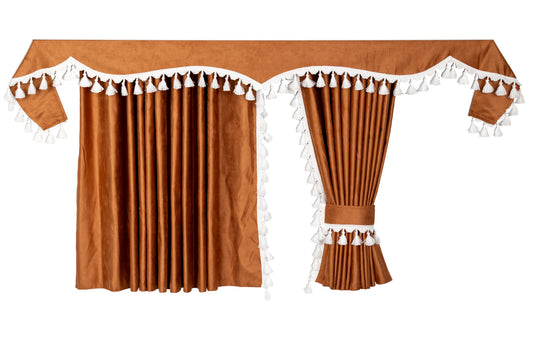 LKW-Vorhänge passend für DAF XG / XG+ – 7-tlg. Komplettset Whisky/Braun-Weiß mit Borde & Haken