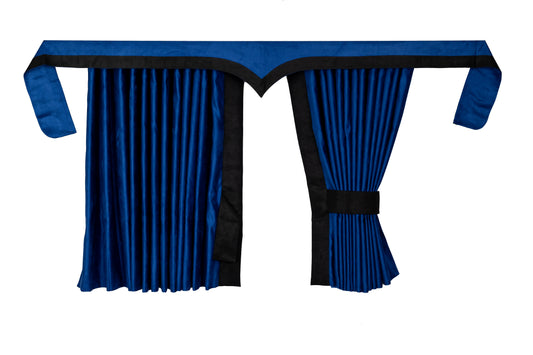 LKW-Vorhänge passend für Volvo FL / FL Electric – 5-tlg. Komplettset Blau-Schwarz mit Borde & Haken