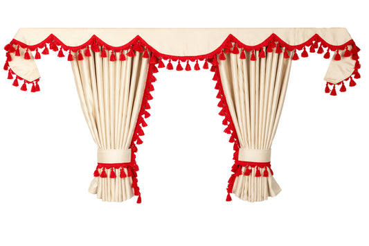 LKW-Vorhänge passend für Mercedes MP4 / MP5 – 7-tlg. Komplettset Beige-Rot mit Borde & Haken