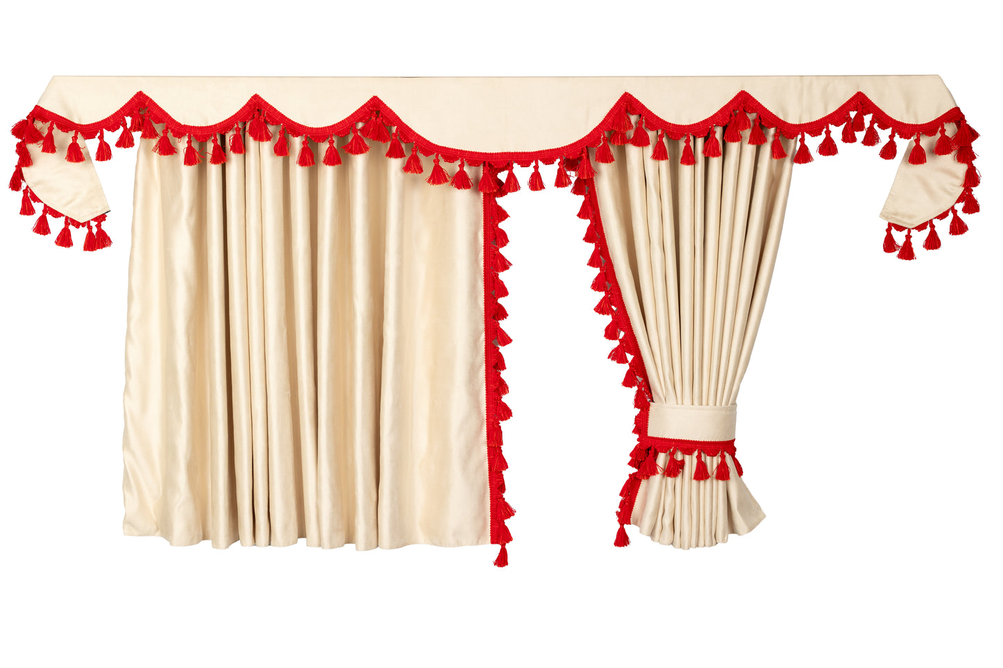 LKW-Vorhänge passend für Mercedes MP4 / MP5 – 7-tlg. Komplettset Beige-Rot mit Borde & Haken