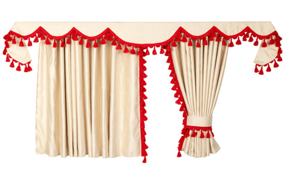 LKW-Vorhänge passend für Mercedes MP4 / MP5 – 7-tlg. Komplettset Beige-Rot mit Borde & Haken