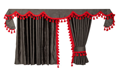 LKW-Vorhänge passend für Mercedes MP4 / MP5 – 7-tlg. Komplettset Grau/Anthrazit-Rot mit Borde & Haken