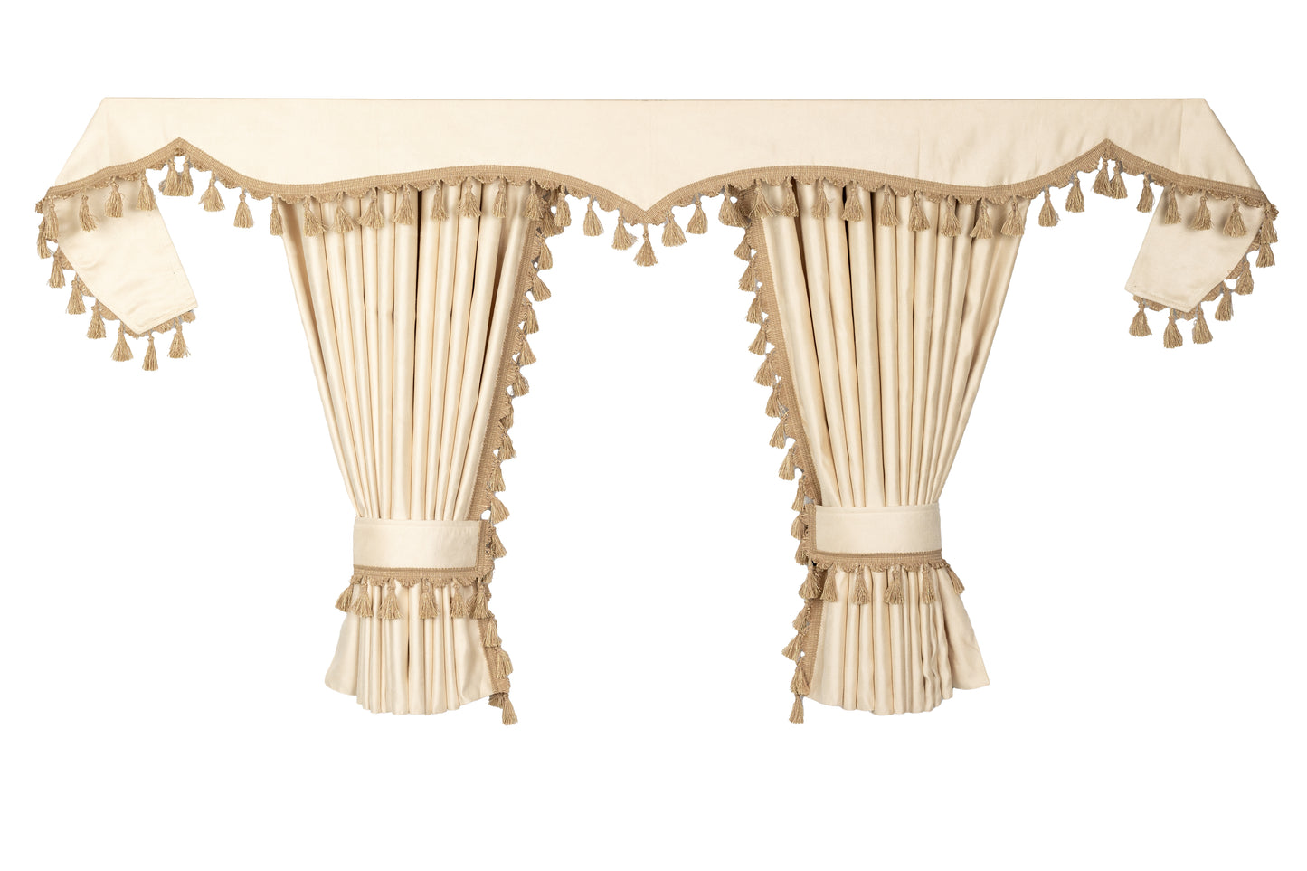 LKW-Vorhänge passend für Scania R New Generation (ab 2017) – 7-tlg. Komplettset Beige-Hellbraun mit Borde & Haken