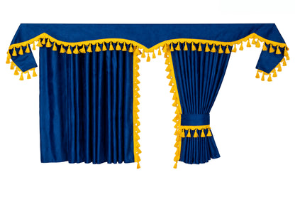 LKW-Vorhänge passend für Scania R New Generation (ab 2017) – 7-tlg. Komplettset Blau-Gelb mit Borde & Haken
