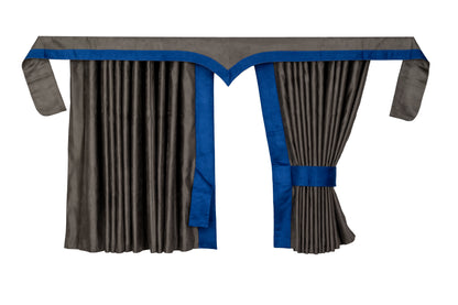 LKW-Vorhänge passend für Renault T – 5-tlg. Komplettset Grau/Anthrazit-Blau mit Borde & Haken