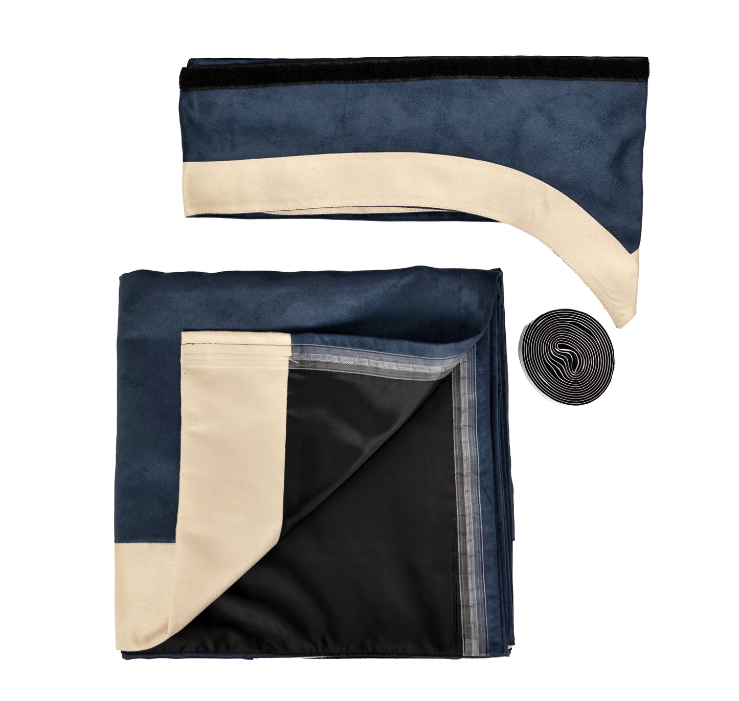 LKW-Vorhänge passend für Mercedes MP4 / MP5 – 5-tlg. Komplettset Dunkelblau-Beige mit Borde & Haken