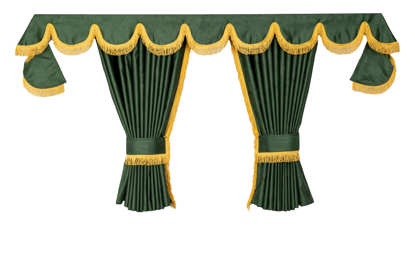 LKW-Vorhänge passend für DAF XG / XG+ – 7-tlg. Komplettset Grün-Dunkelgelb/Honig mit Borde & Haken