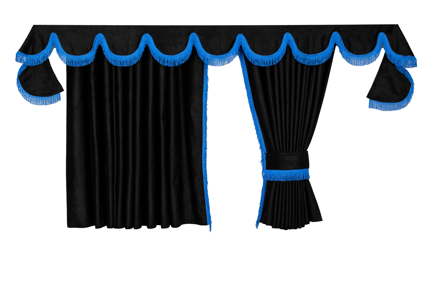 LKW-Vorhänge passend für Mercedes MP4 / MP5 – 7-tlg. Komplettset Schwarz-Blau mit Borde & Haken